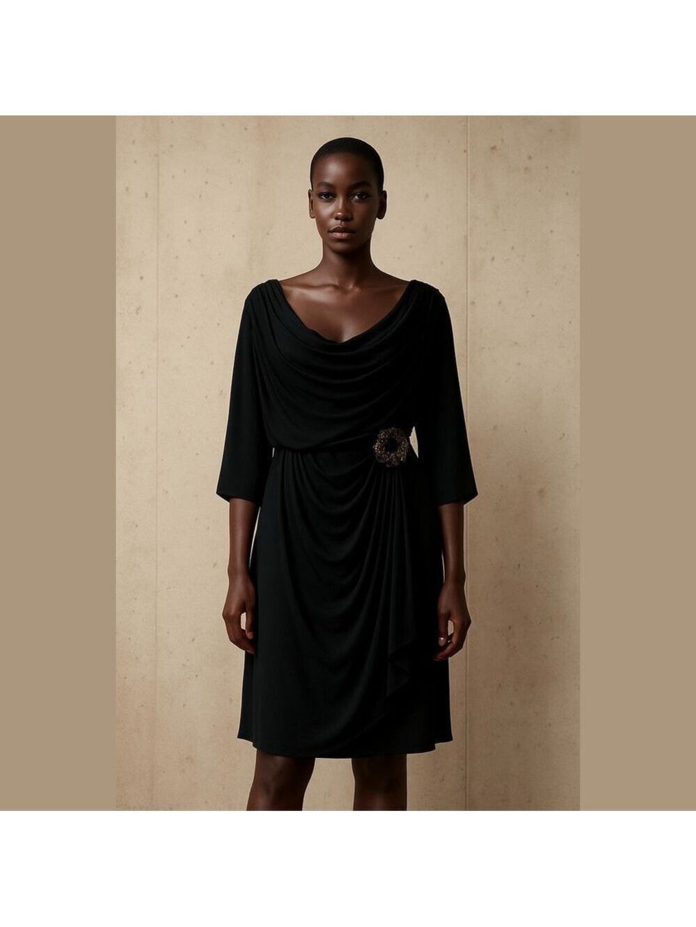 EY Signature Black Off-The-Shoulder Black Dress With Decorative Brooch - Size 1X